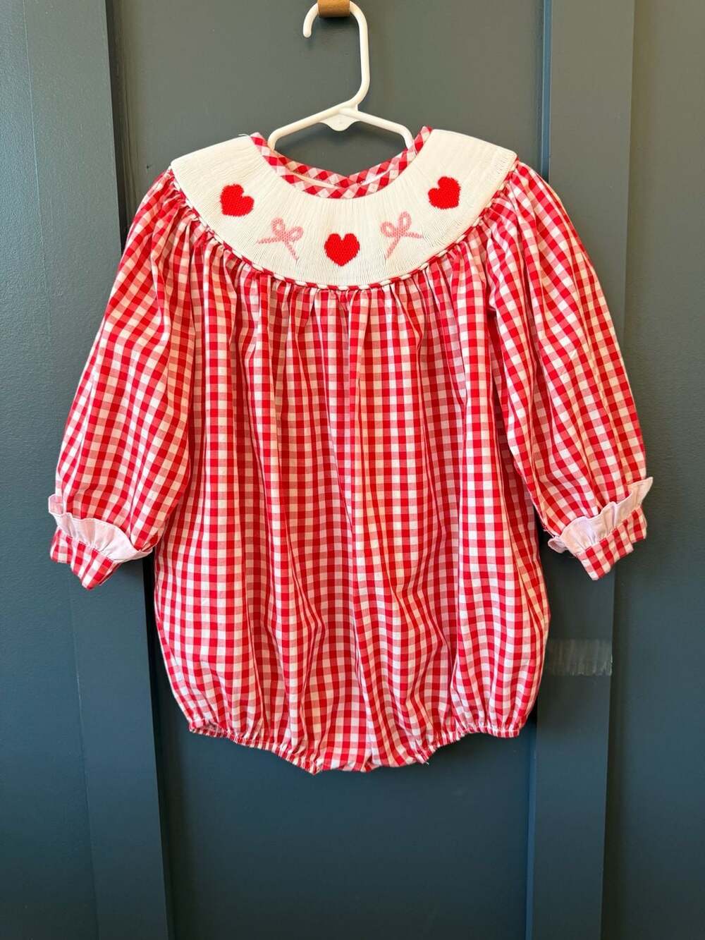 Red Gingham Smocked Bubble Romper with Hearts and Bows